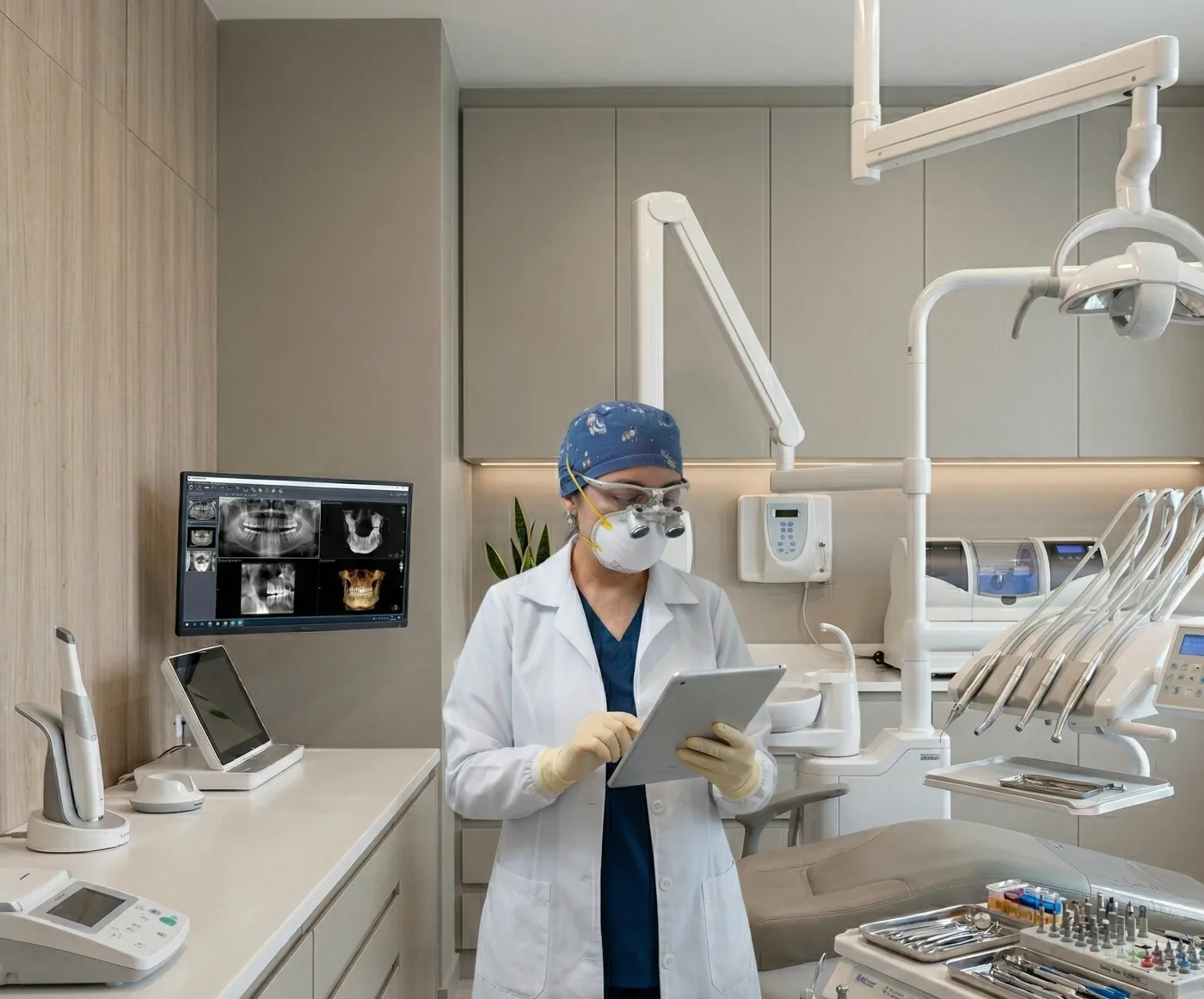 Doctora de Clínica Arca revisando historial digital del paciente en consultorio